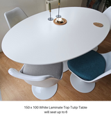 150cm White Laminate Top Tulip Dining Table Seats 6