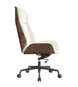 Side view of Alto wood veneered leather executive office chair in alpine white with black swivel base on white background.