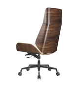 Back view of Alto wood veneered leather executive office chair in alpine white with black swivel base on white background.