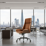 Alto wood veneered leather executive office chair in vintage tan with high back and black swivel base on white background.