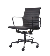 Midcentury Style Ribbed Leather Swivel Office Chair with a Black Frame