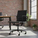 Midcentury Style Ribbed Leather Swivel Office Chair with a Black Frame