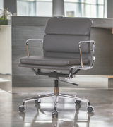 A premium leather low back office chair with a chrome aluminium frame and base, nylon castors, and various leather color options displayed.