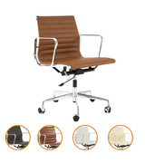 A ribbed leather office chair with a chromed aluminium frame and armrest, presented in multiple color options.
