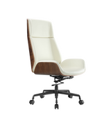 Alto wood veneered leather executive office chair in alpine white with high back and black swivel base on white background.