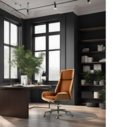 Vintage tan Alto wood veneered leather executive chair with a high back and sleek silhouette, shown in a modern office.