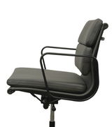 A mid-century style office chair with a black powder coated frame and full premium leather upholstery, featuring a five-star base with castors.