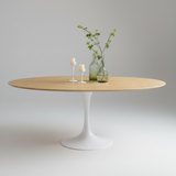 Wooden dining table with decorative items on a white background