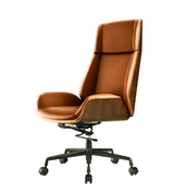 Alto wood veneered leather executive office chair in vintage tan with high back and swivel base.