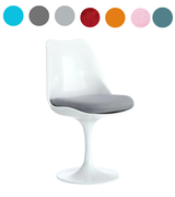 White tulip chair with grey cushion and colour swatches on a white background