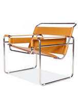 Wassily Marcel Breuer style armchair in camel coloured leather with chrome tubular frame on white background.