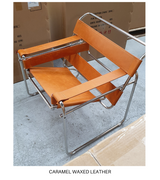 Wassily Marcel Breuer style armchair in caramel waxed leather with chrome tubular frame.