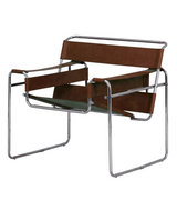 Wassily Marcel Breuer style armchair in dark brown leather with chrome tubular frame on white background.