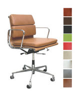 A premium leather low back office chair with a chrome aluminium frame and base, nylon castors, and various leather color options displayed.