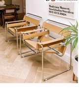 Wassily chair in premium sand aniline leather Marcel Breuer style with chrome tubular frame.