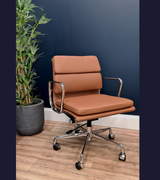 Tan Leather Low Back Padded Leather Midcentury Style Office chair
