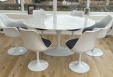 Oval Carrara White Marble Dining Table with Tulip Style White Chairs