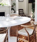 White Wooden Tulip Dining Table with Wishbone Style Chairs