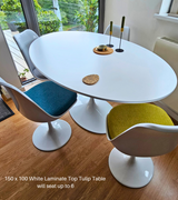 Oval white wood tulip dining table 150cm to seat six people