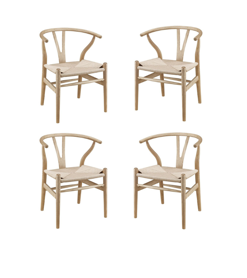 Outlet Item Set of 4 Y Wish bone Style Dining Chairs in Solid Oak with Natural Cord seat