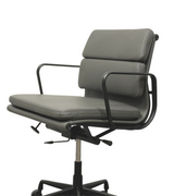 A mid-century style office chair with a black powder coated frame and full premium leather upholstery, featuring a five-star base with castors.