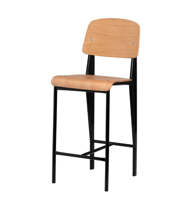 Bar Stool 74cm Oak Veneer Black Frame Jean Prouve style
