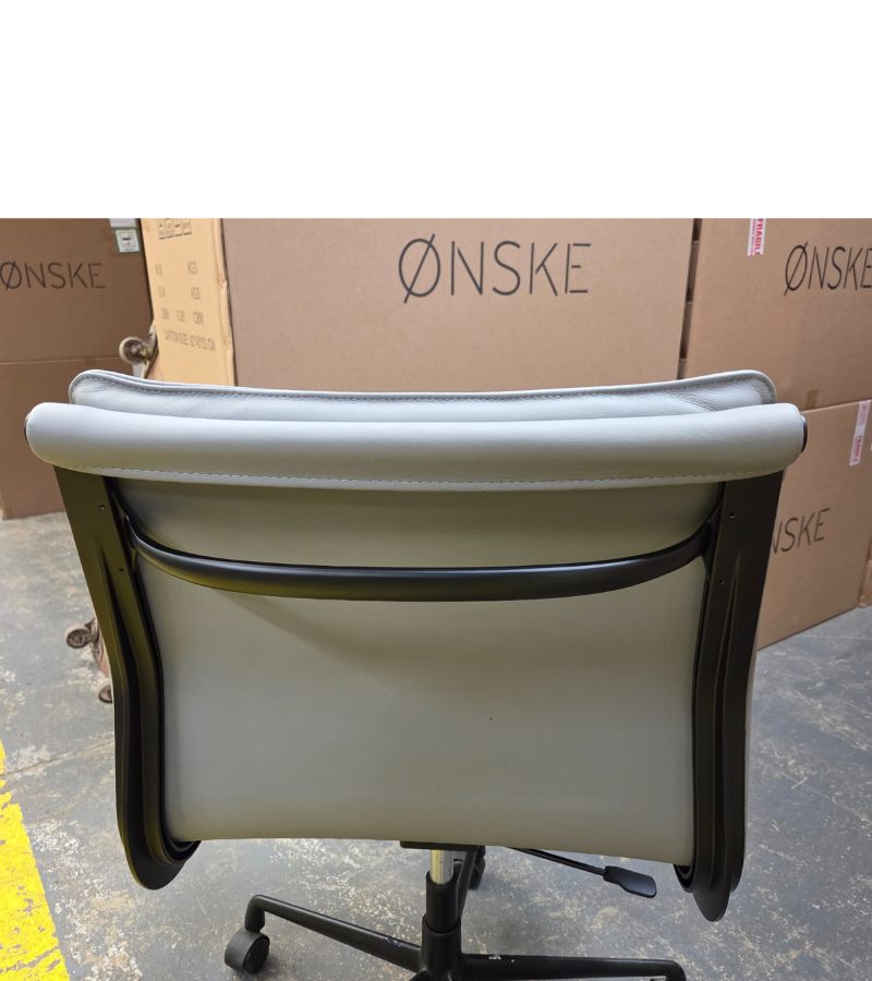 light grey swivel leather office chair no arms back detail with black powder coat frame