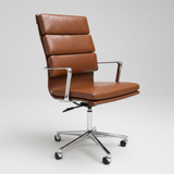 Brown leather office chair with chrome base on a white background