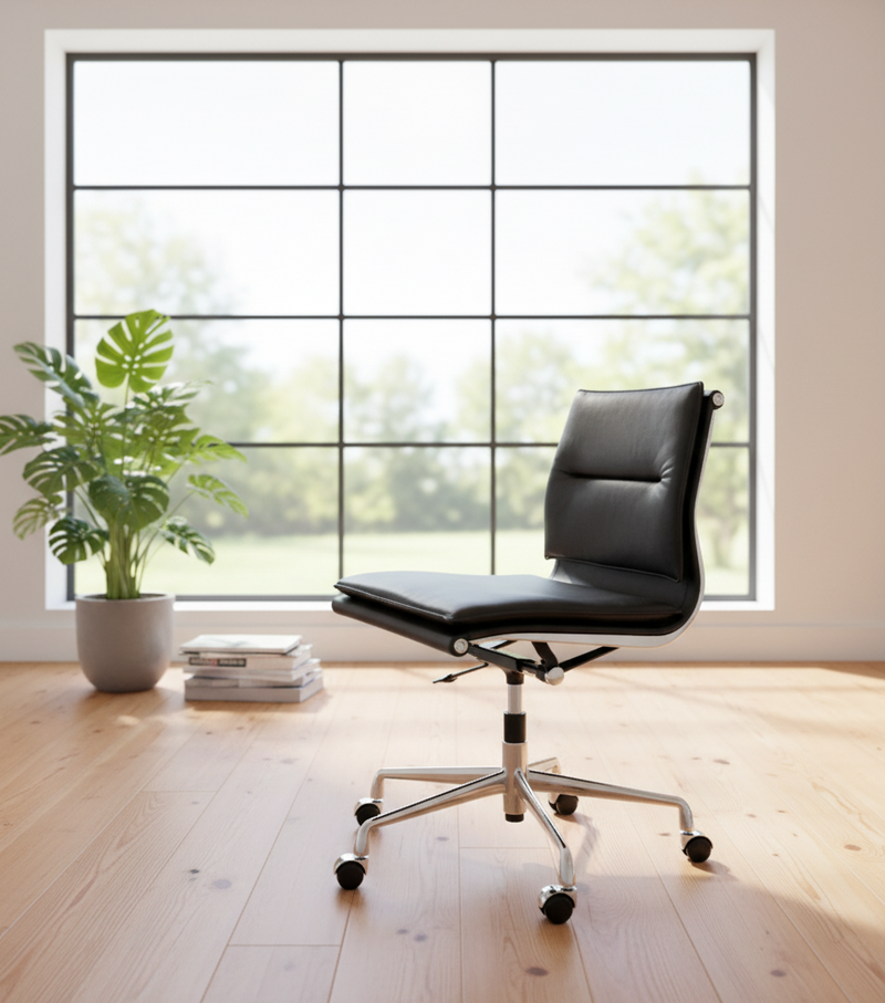 Swivel cushioned black leather office chair without arms