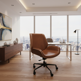 tan brown leather and wood veneer office chair low back in a bright apartment room