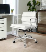 A white leather executive office chair with a chrome aluminum frame and base, including armrests and caster wheels.