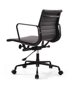 Midcentury Style Ribbed Leather Swivel Office Chair with a Black Frame