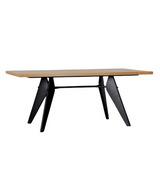 A rectangular oak veneered wood dining table with black steel legs and frame.
