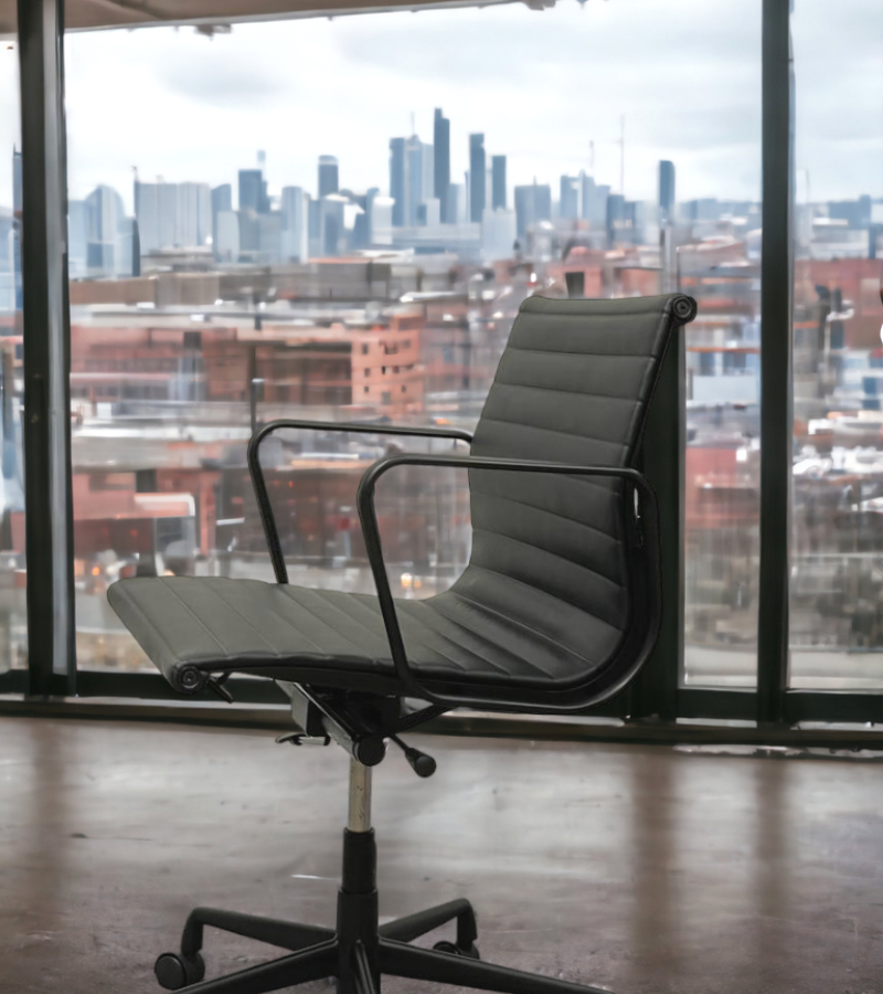 Eames 117 Style Ribbed Leather Office Chair with a Black Frame