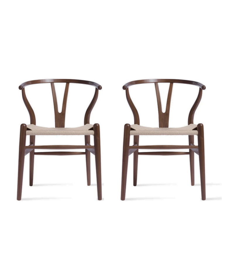 Set of Two Wish Y Dining Chairs in walnut finish with natural cord seat