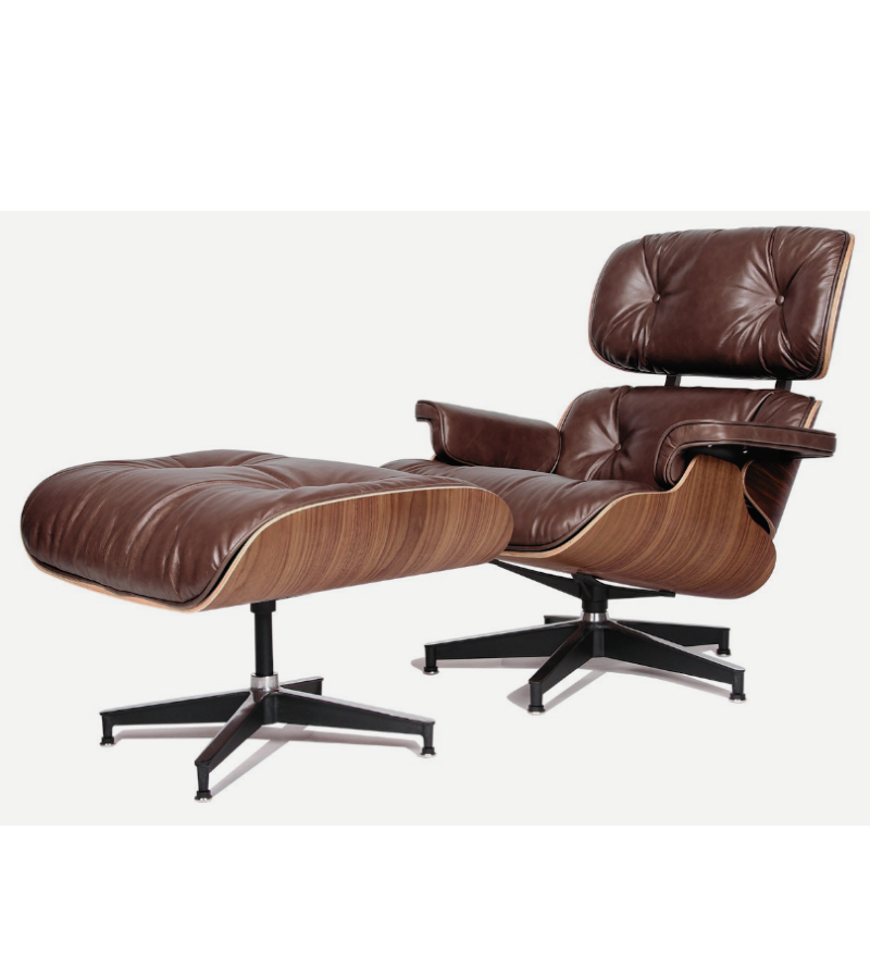 Leather Lounge Armchair and Ottoman Eames Style in American Woods