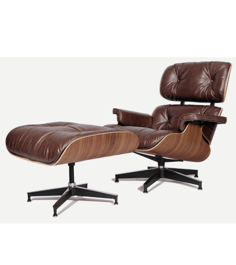 Leather Lounge Armchair and Ottoman Charles Style in American Woods and premium Leather