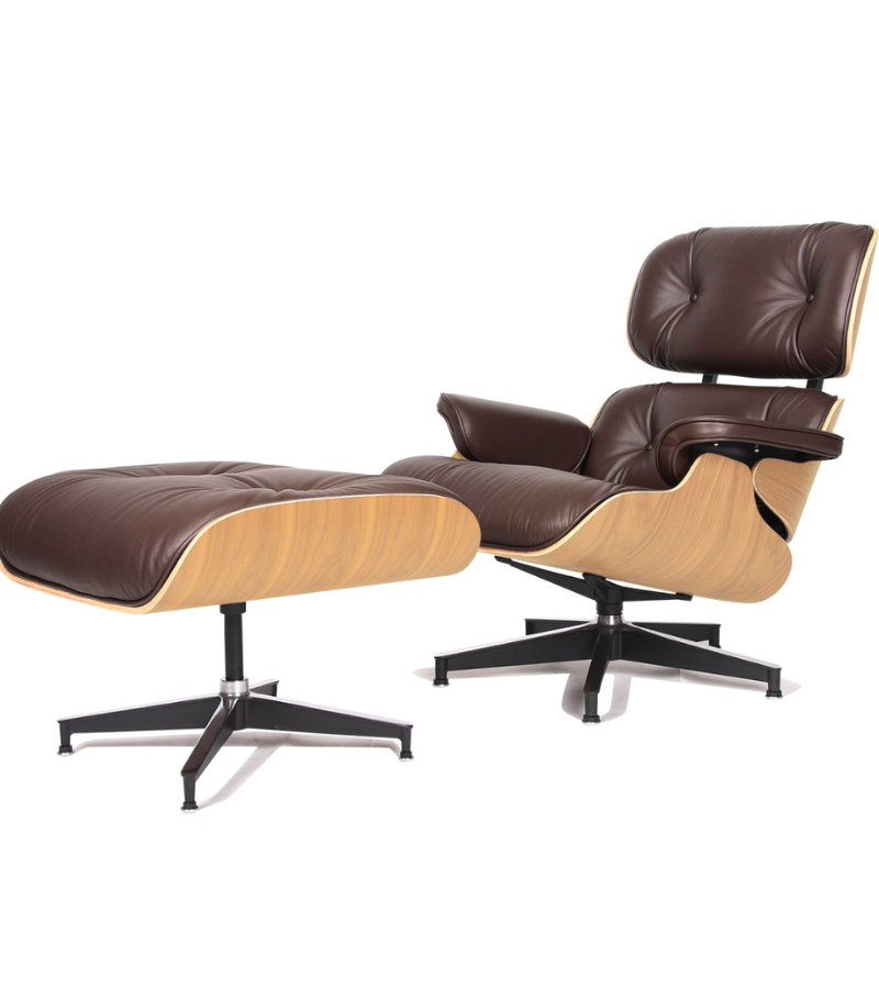 Leather Lounge Armchair and Ottoman Eames Style in American Woods