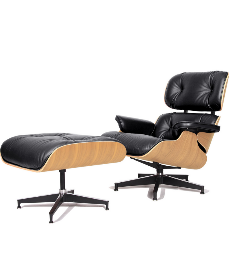Leather Lounge Armchair and Ottoman Eames Style in American Woods
