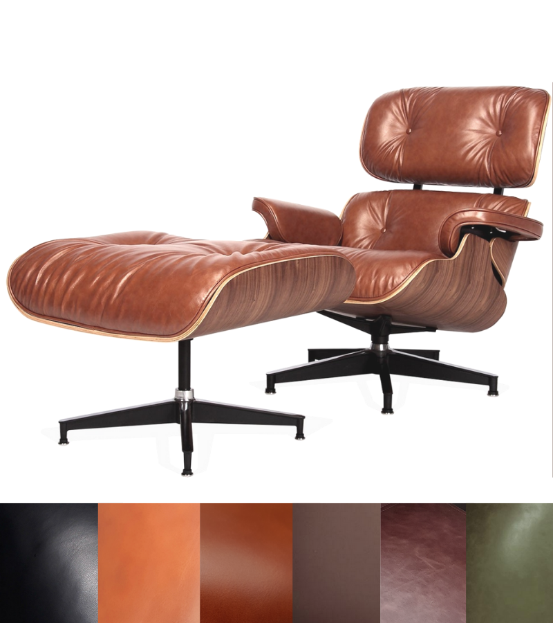 Leather Lounge Armchair and Ottoman Eames Style in American Woods