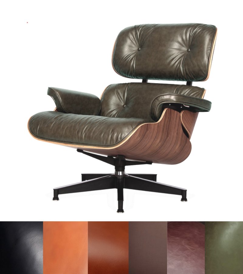Leather Lounge Armchair and Ottoman Eames Style in American Woods
