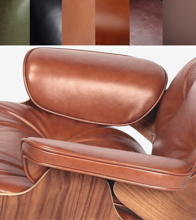 Leather Lounge Armchair and Ottoman Eames Style in American Woods