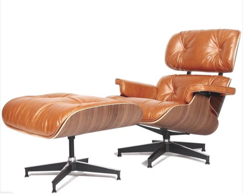 Lounge Chair and Ottoman Mid Century Style in Aniline Leather and