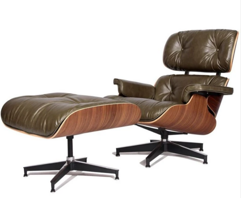 Leather Lounge Armchair and Ottoman Eames Style in American Woods